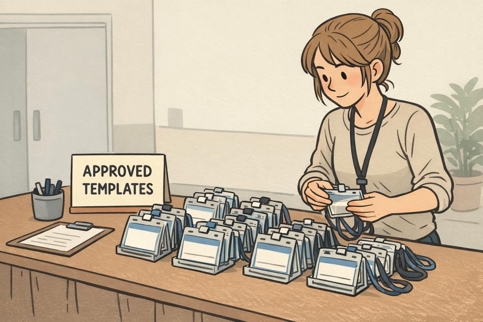 An event registration table displays neatly stacked badges in clear holders, showing how approved templates speed future runs.