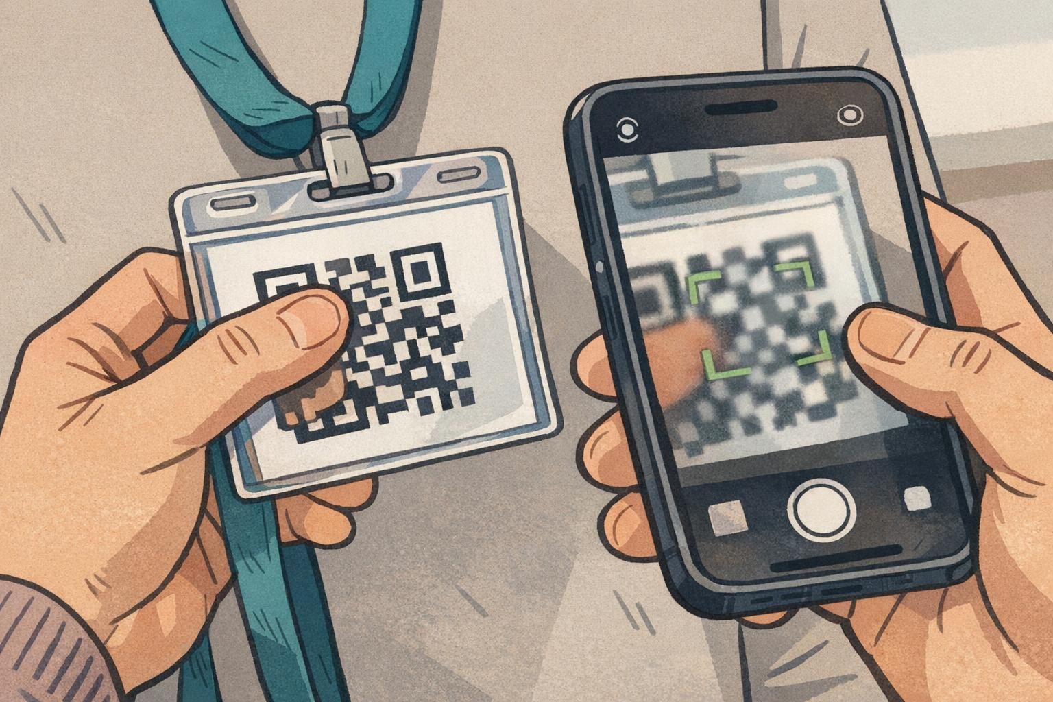 Close-up of hands holding a QR code badge while a phone tries to scan it, with a thumb partly covering the code to show a bad placement zone.