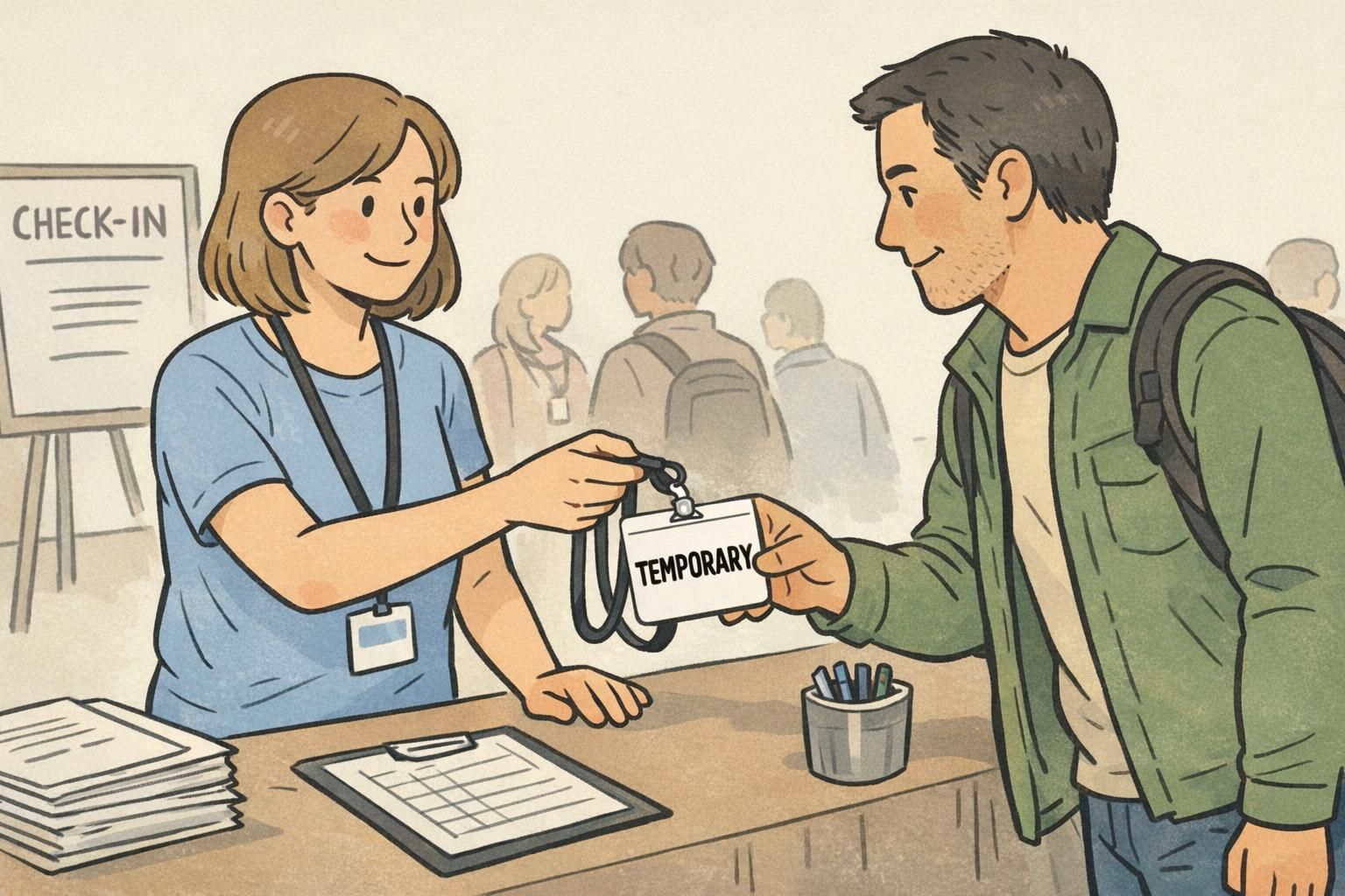 Event staff places a lanyard holding a clearly labeled TEMPORARY badge on an attendee who forgot ID badge during check-in.
