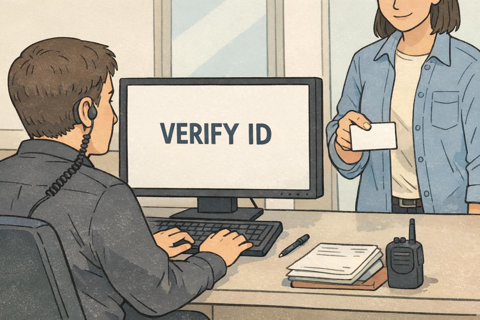 Security staff verifies a visitor's identity after they forgot ID badge, checking a photo ID while a monitor displays a verification prompt.