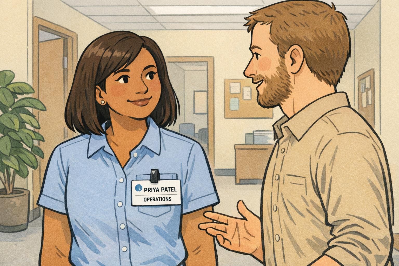 Coworkers talking in an office hallway while one wears a clean name tag style ID badge clipped to a pocket, showing clear hierarchy and a small logo mark.