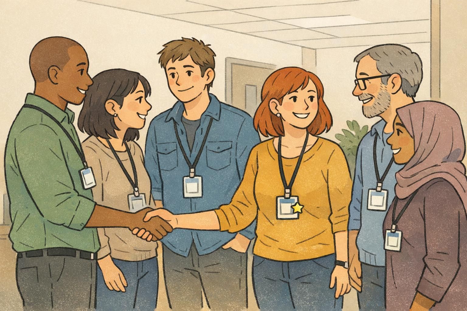 A diverse team in a hallway wearing lanyards with subtle recognition markers on their ID badges, appearing professional and understated.