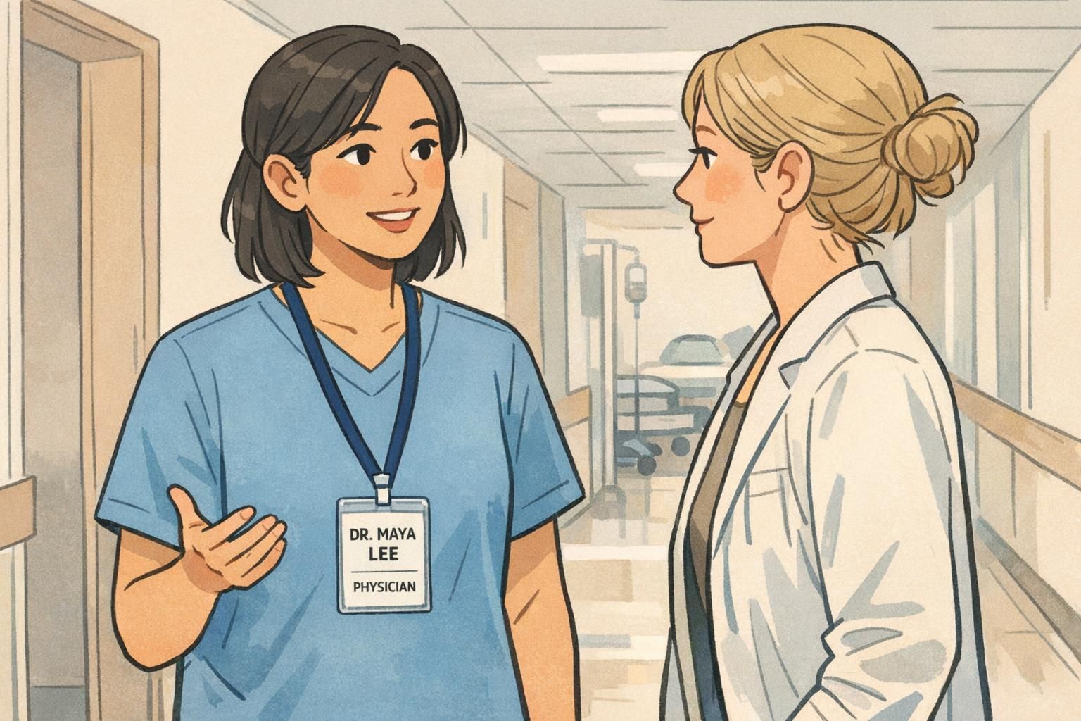 Clinician in a hospital corridor wearing a vertical photo ID with a clear photo, large name, and role label, illustrating healthcare employee ID examples and photo-forward layout.