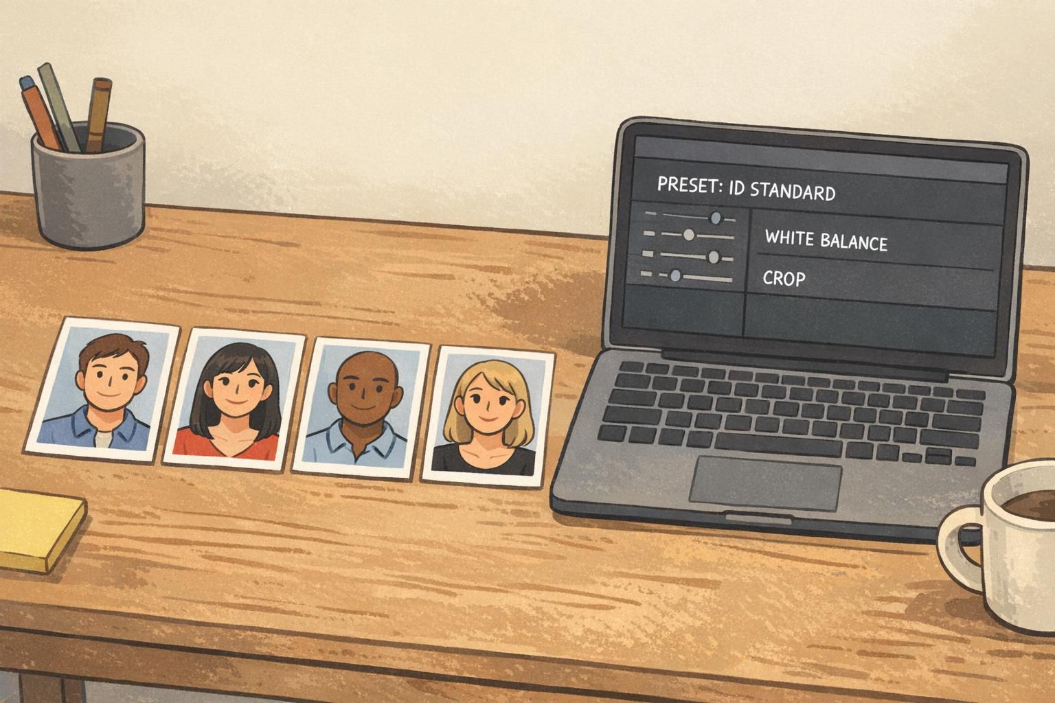 Printed sample headshots arranged beside a laptop displaying simple editing controls to match color, exposure, and crop.