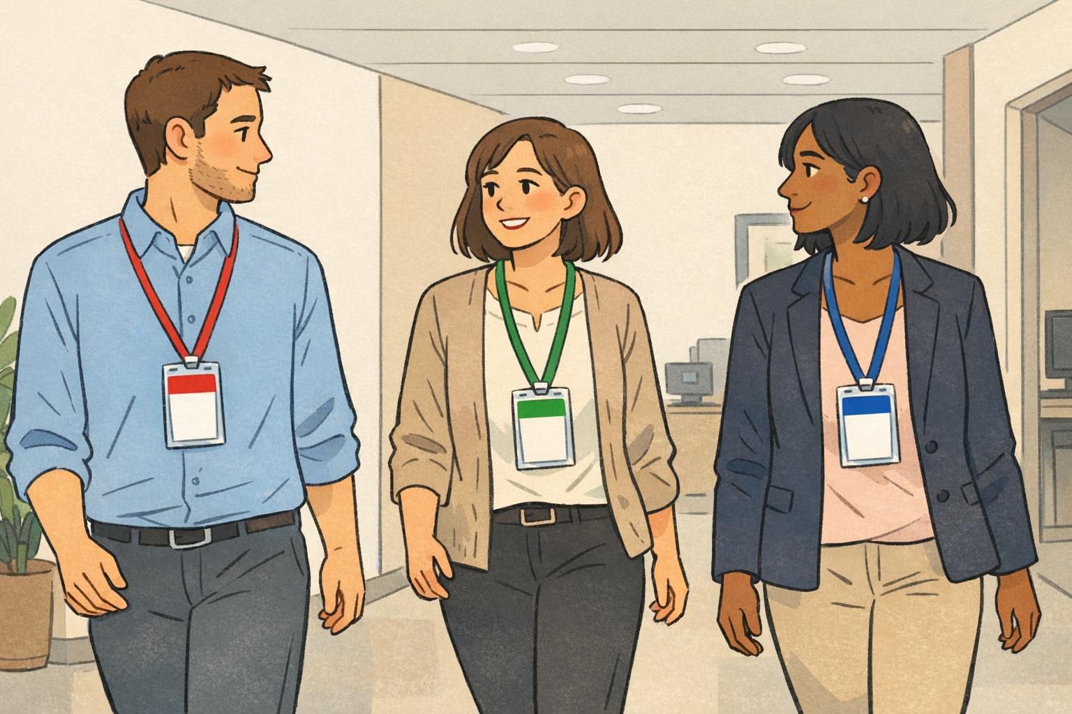 Three people passing in an office hallway wearing vertical ID badges with distinct top color bars showing different ID card colors for quick role recognition.