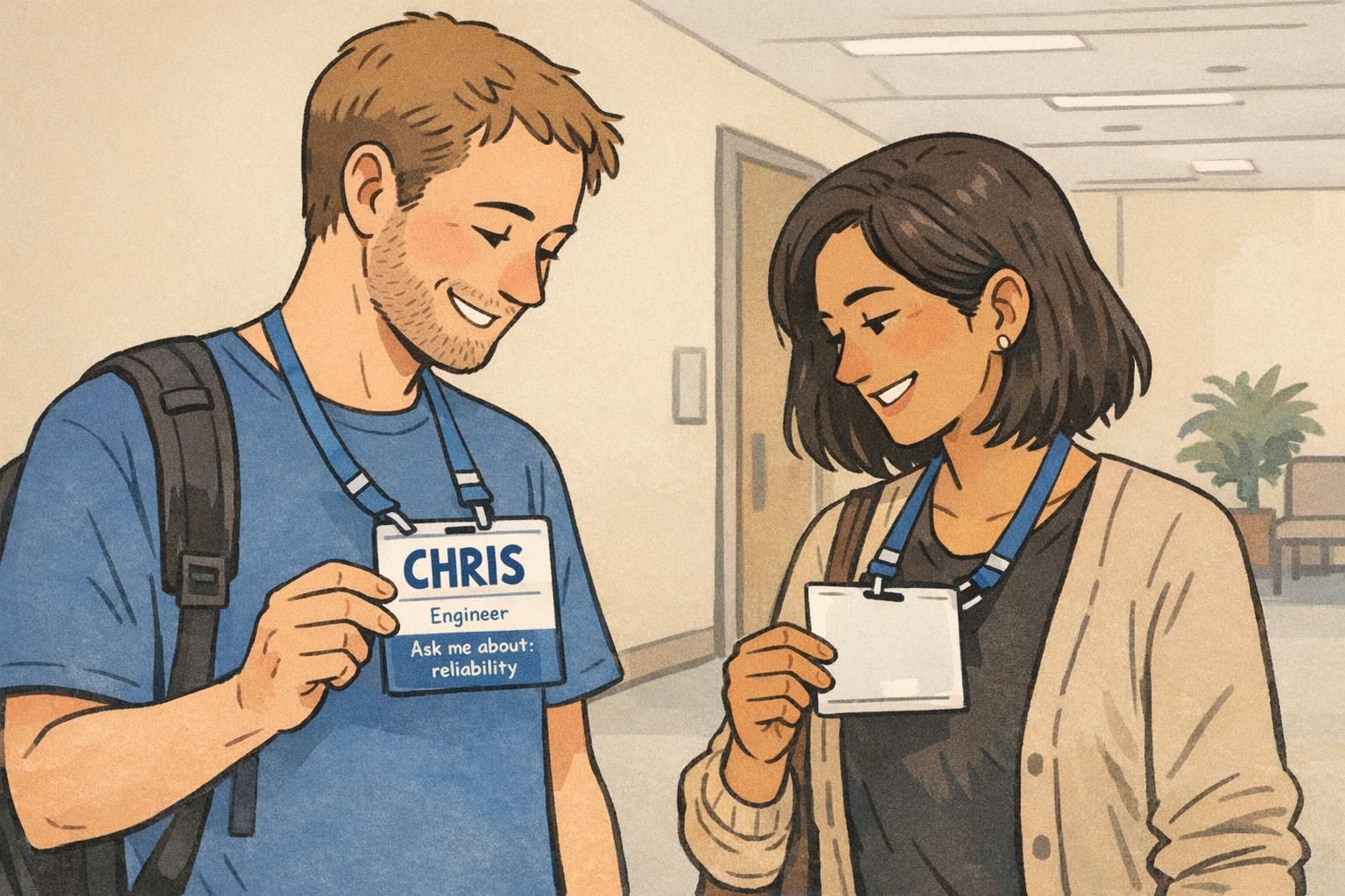 Two attendees smile in a hallway while reading an event name badge on a lanyard; one badge displays a large first name and a concise prompt.