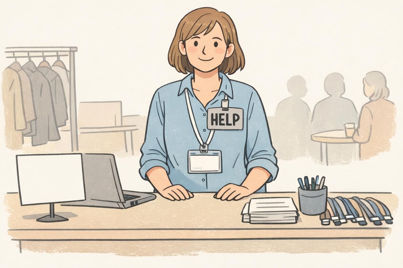 A conference staff setup showing a readable role badge paired with an ID badge for quick recognition at check-in.